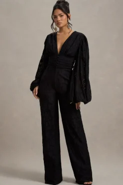 Calamina | Black Lace Plunge-Neck Wide-Leg Jumpsuit