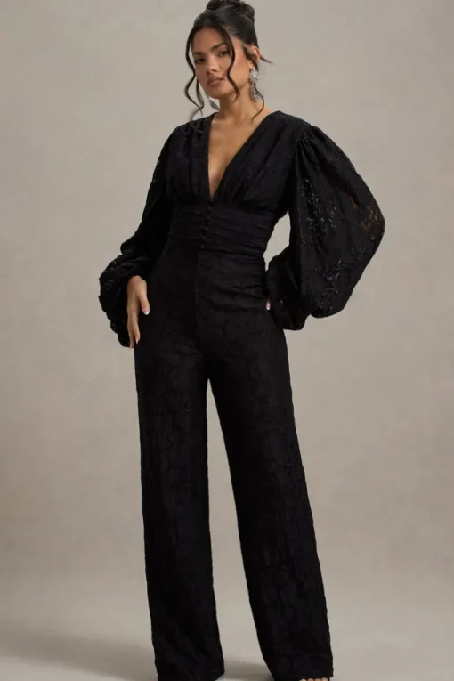 Calamina | Black Lace Plunge-Neck Wide-Leg Jumpsuit
