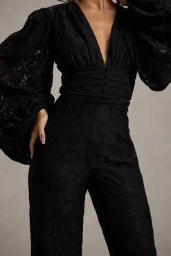 Calamina | Black Lace Plunge-Neck Wide-Leg Jumpsuit