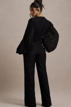 Calamina | Black Lace Plunge-Neck Wide-Leg Jumpsuit