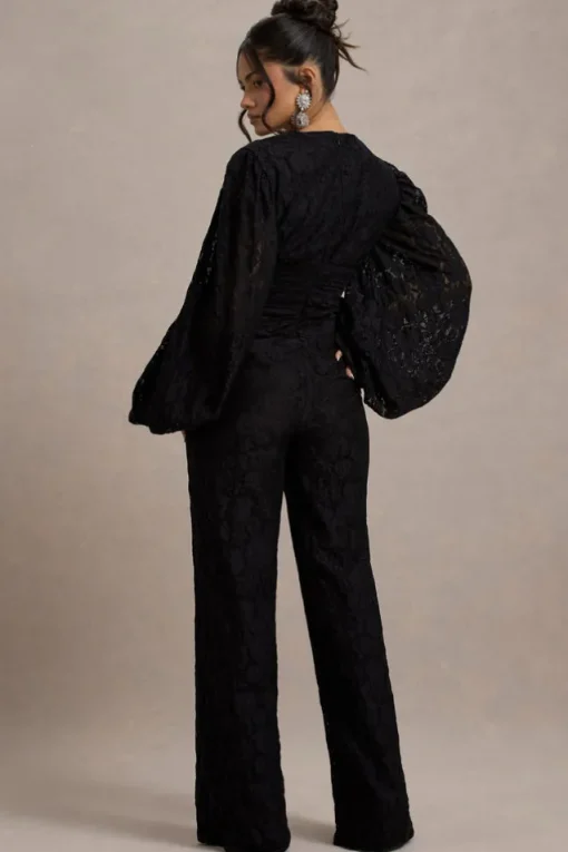 Calamina | Black Lace Plunge-Neck Wide-Leg Jumpsuit