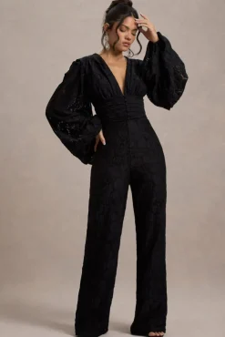 Calamina | Black Lace Plunge-Neck Wide-Leg Jumpsuit
