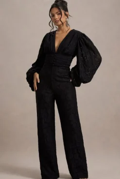 Calamina | Black Lace Plunge-Neck Wide-Leg Jumpsuit