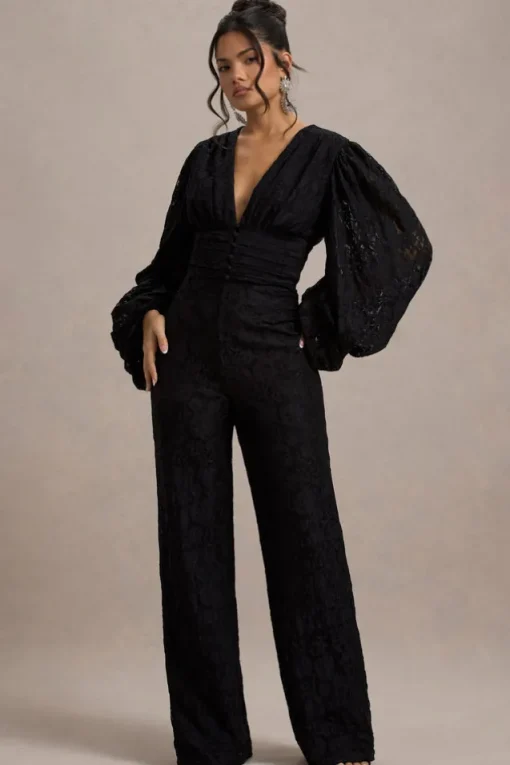 Calamina | Black Lace Plunge-Neck Wide-Leg Jumpsuit