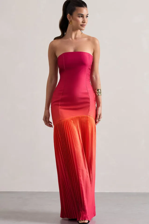 California | Pink u0026 Orange Ombre Bandeau Plisse Maxi Dress