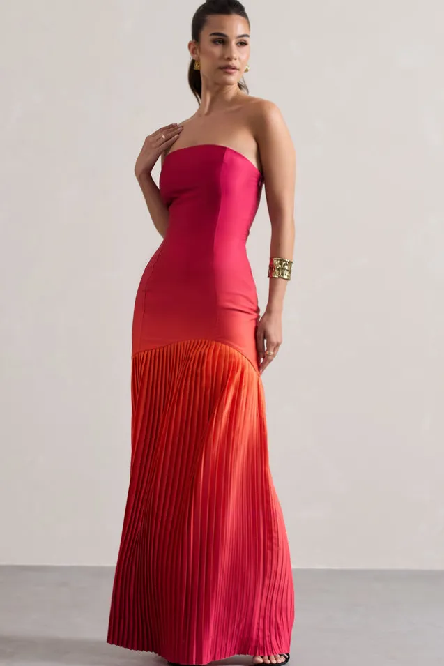 California | Pink u0026 Orange Ombre Bandeau Plisse Maxi Dress