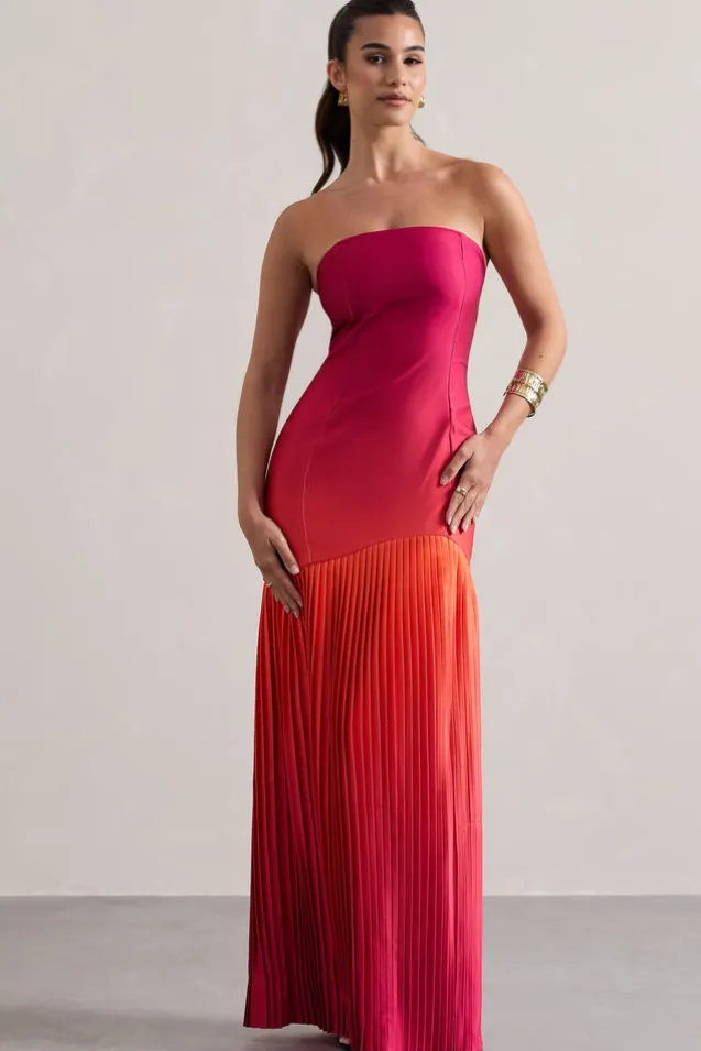California | Pink u0026 Orange Ombre Bandeau Plisse Maxi Dress