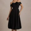 Calliopia | Black Bow Bardot Midi Dress With Puff-Ball Skirt