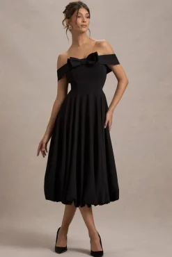 Calliopia | Black Bow Bardot Midi Dress With Puff-Ball Skirt
