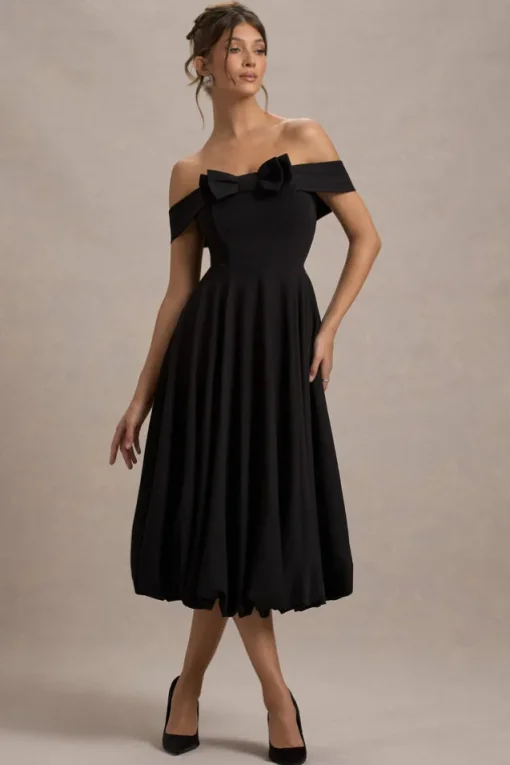 Calliopia | Black Bow Bardot Midi Dress With Puff-Ball Skirt