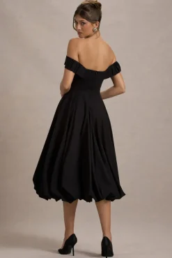 Calliopia | Black Bow Bardot Midi Dress With Puff-Ball Skirt