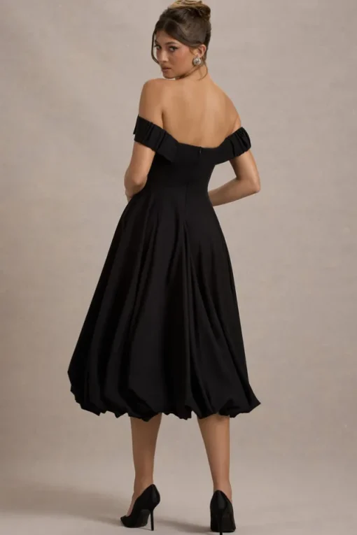 Calliopia | Black Bow Bardot Midi Dress With Puff-Ball Skirt