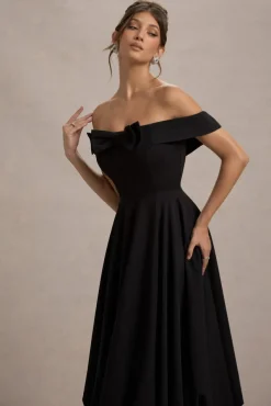 Calliopia | Black Bow Bardot Midi Dress With Puff-Ball Skirt