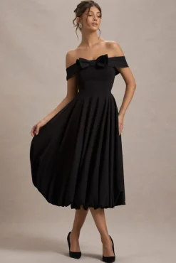 Calliopia | Black Bow Bardot Midi Dress With Puff-Ball Skirt