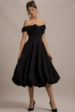 Calliopia | Black Bow Bardot Midi Dress With Puff-Ball Skirt