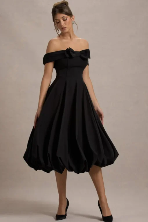 Calliopia | Black Bow Bardot Midi Dress With Puff-Ball Skirt
