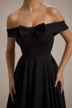 Calliopia | Black Bow Bardot Midi Dress With Puff-Ball Skirt