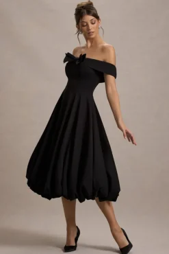 Calliopia | Black Bow Bardot Midi Dress With Puff-Ball Skirt