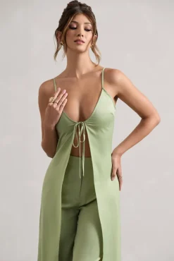Calvi | Pale Green Satin Longline Cami Top With Split Front