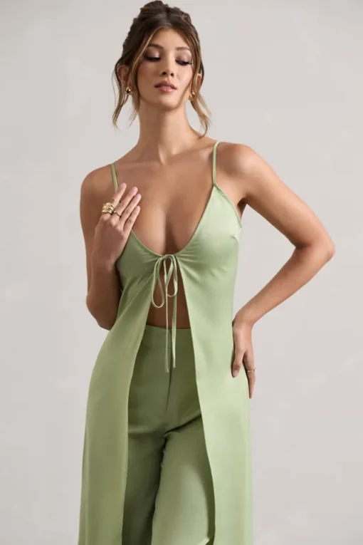 Calvi | Pale Green Satin Longline Cami Top With Split Front