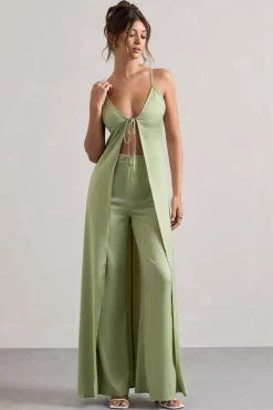 Calvi | Pale Green Satin Longline Cami Top With Split Front