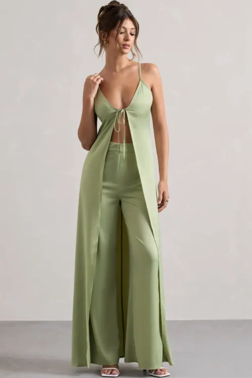 Calvi | Pale Green Satin Longline Cami Top With Split Front