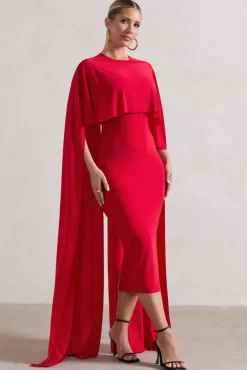 Camellia | Red Midi Dress With High-Low Cape