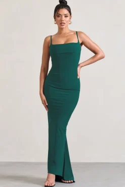 Camera One | Bottle Green Strappy Laced Bodycon Maxi Dress
