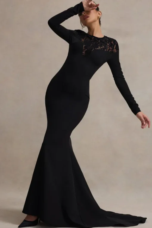 Campbell | Black Long-Sleeve Maxi Dress With Lace Detail