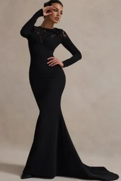 Campbell | Black Long-Sleeve Maxi Dress With Lace Detail