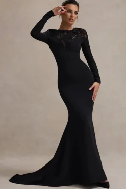 Campbell | Black Long-Sleeve Maxi Dress With Lace Detail