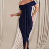 Camrin | Navy Ruched Bardot Maxi Dress With Train Detail