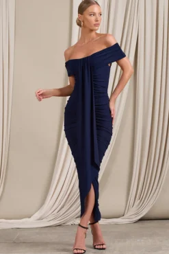 Camrin | Navy Ruched Bardot Maxi Dress With Train Detail