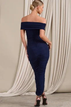 Camrin | Navy Ruched Bardot Maxi Dress With Train Detail