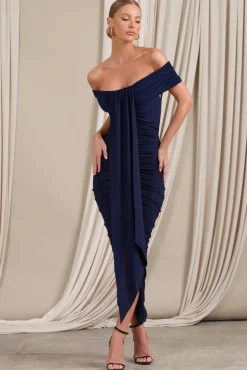 Camrin | Navy Ruched Bardot Maxi Dress With Train Detail