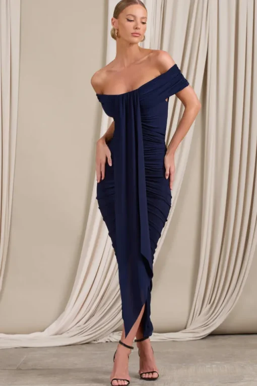 Camrin | Navy Ruched Bardot Maxi Dress With Train Detail
