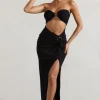 Cancun | Black Crinkle Strapless Cut-Out Maxi Dress With Twist