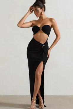 Cancun | Black Crinkle Strapless Cut-Out Maxi Dress With Twist