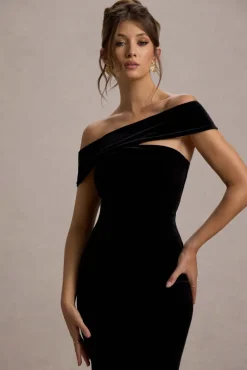 Candela | Black Velvet Asymmetric Bardot Maxi Dress