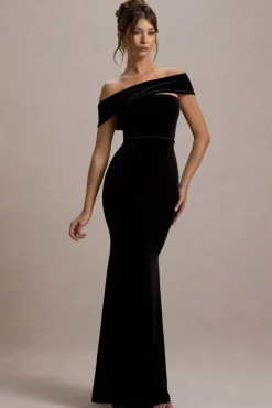 Candela | Black Velvet Asymmetric Bardot Maxi Dress