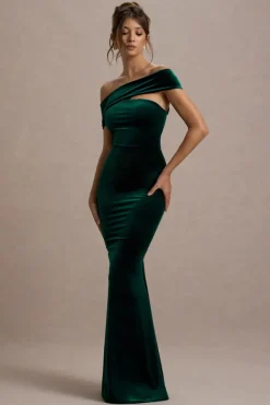 Candela | Bottle Green Velvet Asymmetric Bardot Maxi Dress