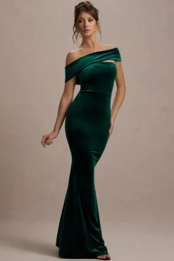 Candela | Bottle Green Velvet Asymmetric Bardot Maxi Dress