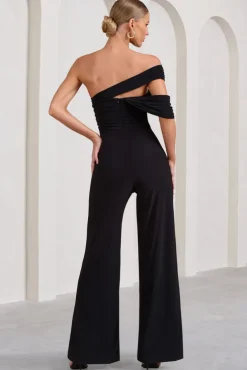 Candy | Black Asymmetric One Shoulder Ruched Jumpsuit