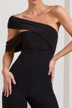 Candy | Black Asymmetric One Shoulder Ruched Jumpsuit