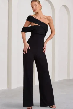 Candy | Black Asymmetric One Shoulder Ruched Jumpsuit