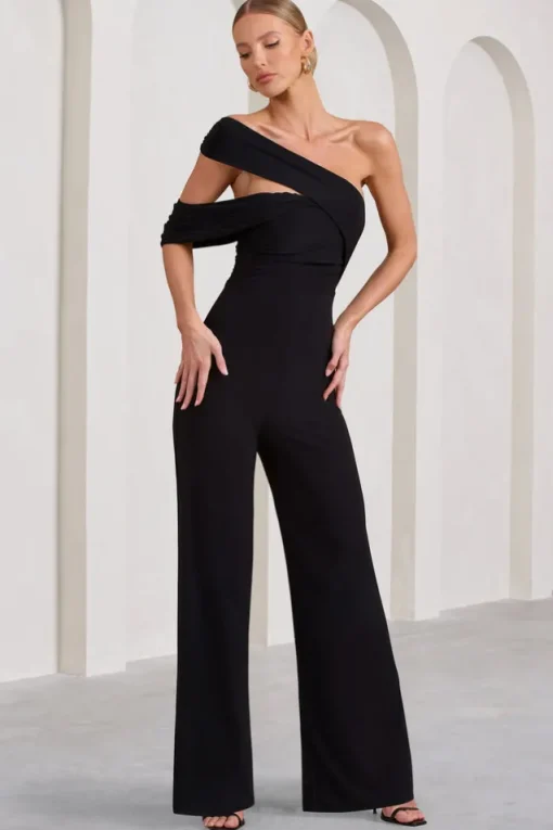 Candy | Black Asymmetric One Shoulder Ruched Jumpsuit