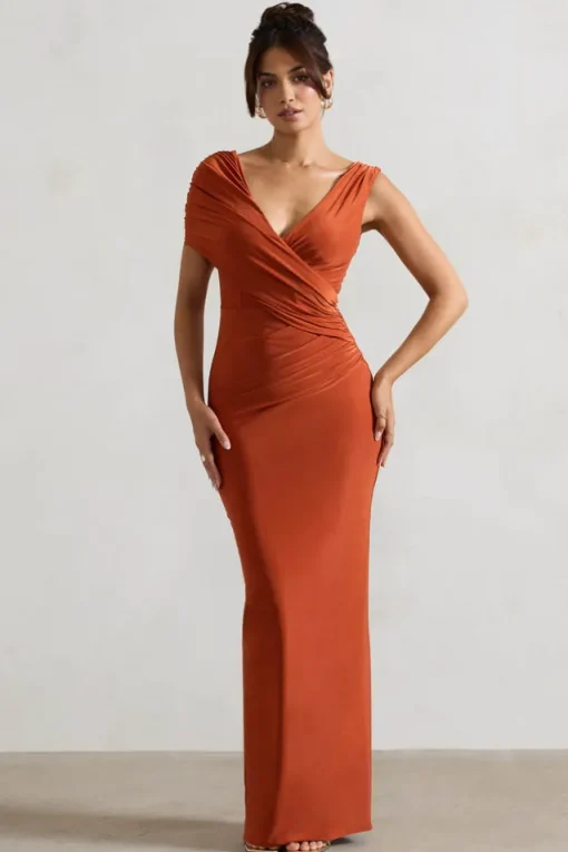 Capella | Rust Asymmetric Wrap Maxi Dress