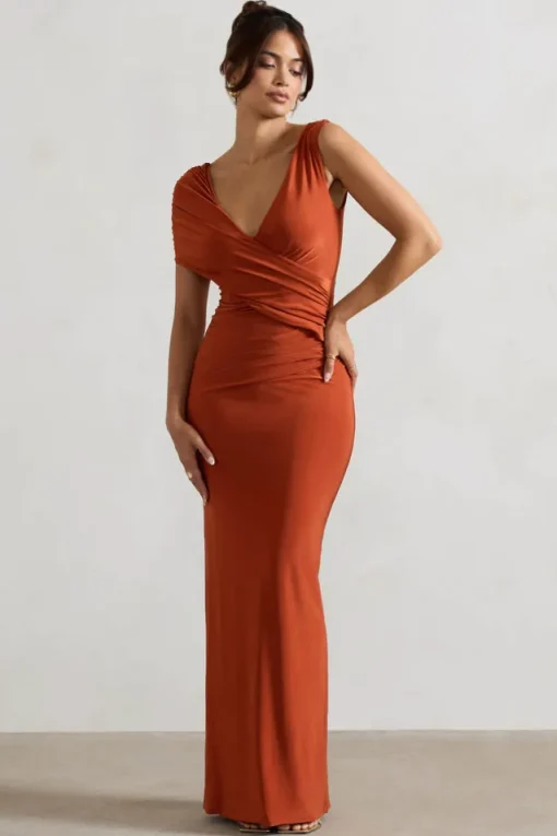 Capella | Rust Asymmetric Wrap Maxi Dress