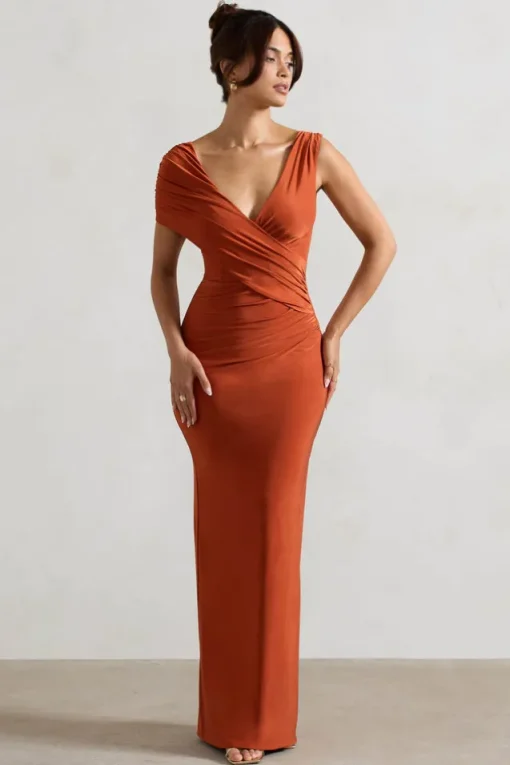 Capella | Rust Asymmetric Wrap Maxi Dress