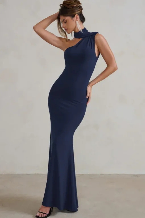 Capucine | Navy One Shoulder Draped Maxi Dress